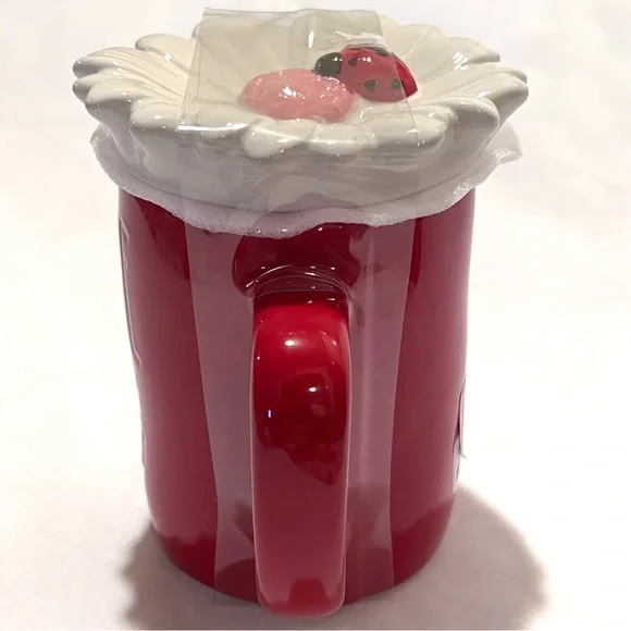 Rae Dunn LOVE BUG Ceramic Mug with Flower/Ladybug Topper Red/White - Picture 12 of 16